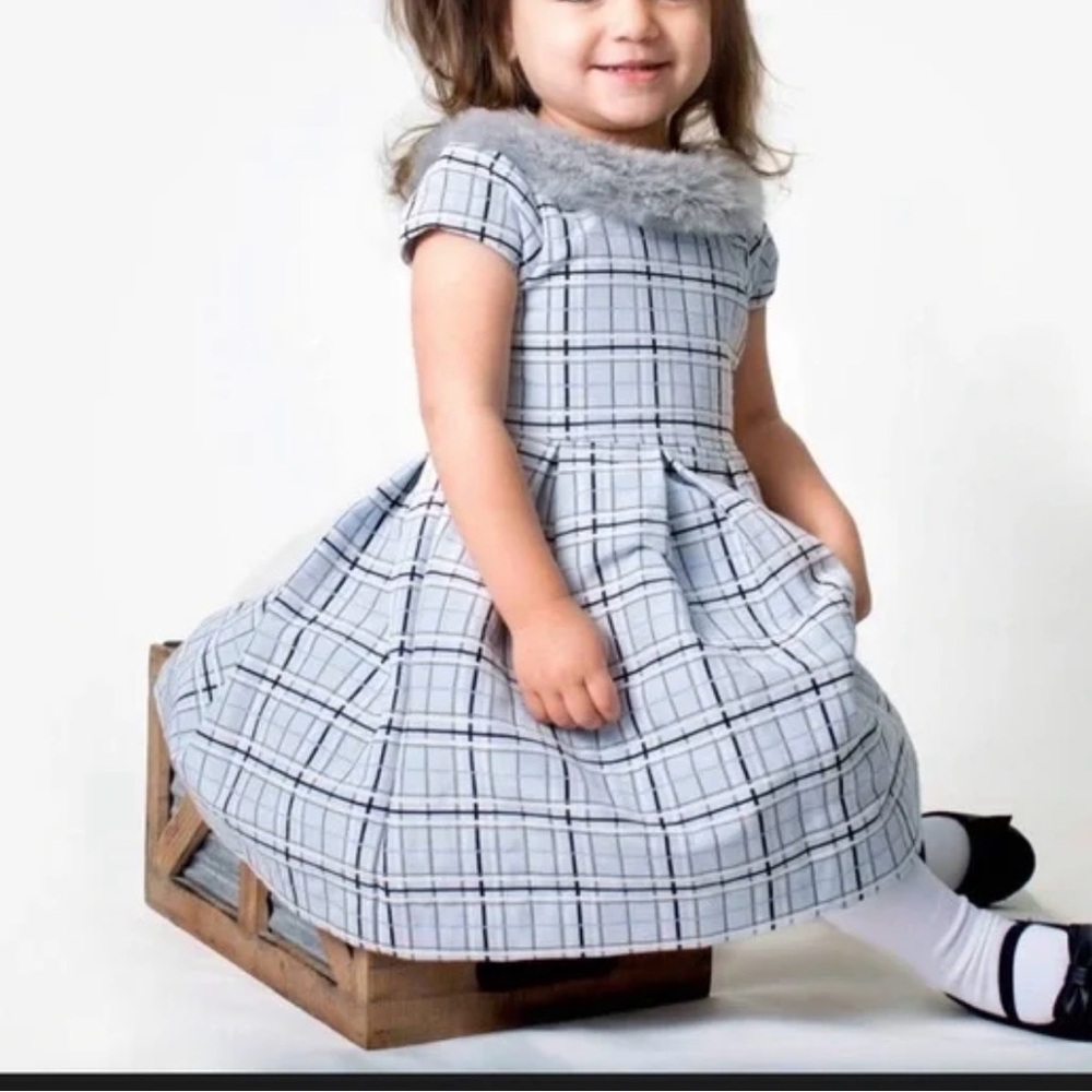 Janie and Jack Gray Checkered Dress with Faux Fur Trim